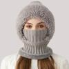 3 In 1 Women Knitted Scarf Hat Plush Ball Decor Windproof Warm Snow Cap Solid Color Fleece Lining Outdoor Activity Hat