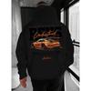 Ein schwarzer Kapuzenpullover für Herren mit einem Rückendruck, der ein weißes JDM-Autodesign und ein rosa Kirschblütenmuster zeigt.