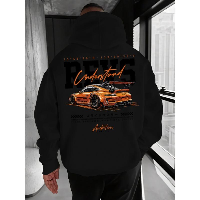 Ein schwarzer Kapuzenpullover für Herren mit einem Rückendruck, der ein weißes JDM-Autodesign und ein rosa Kirschblütenmuster zeigt.
