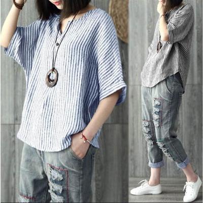 Women's Bat Sleeve V-neck T-shirt Striped Cotton Casual Top for Women