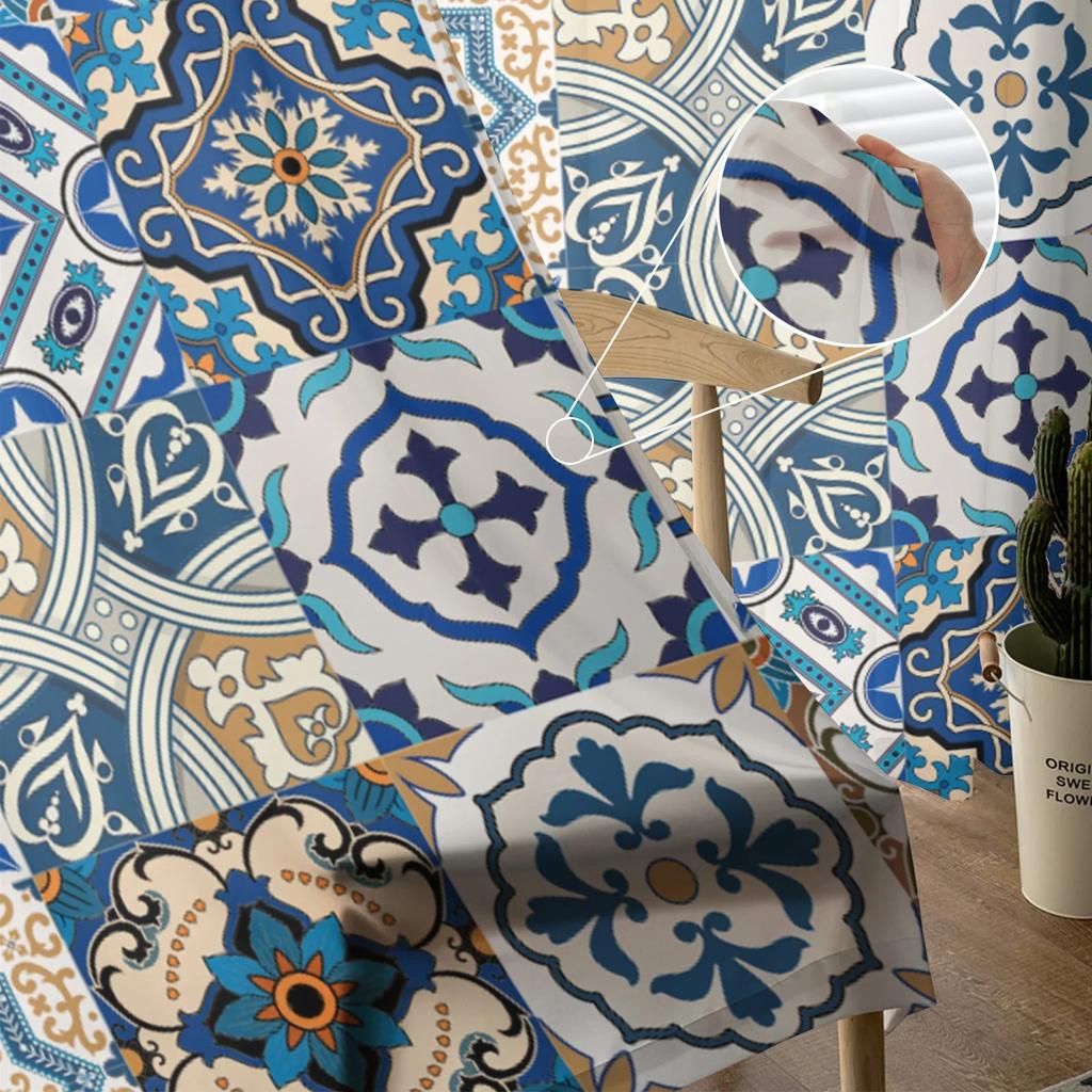 Portuguese Ethnic Flower Ceramic Tile Tulle Sheer Window Curtains for Living Room Bedroom Modern Voile Organza Curtains Drapes