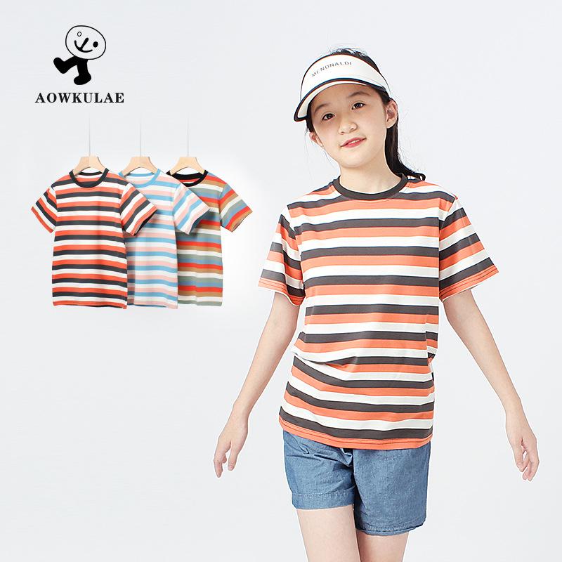 

Summer Korean-Style Striped Knit Top - Girls Short Sleeve T-Shirt 130 cm