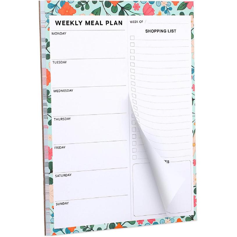 60 Sheet Meal Planner for Fridge, Magnetic Weekly Meal Planner & Grocery List with Tear-off Shopping List for Meal Prep, 7x10''-Flower Design