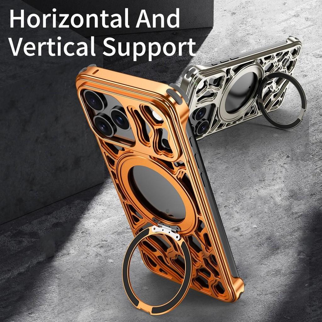 For IPhone 16 17 Pro Max 360° Rotating Stand, Gaming Cooling Magnetic Car Mount Borderless Cool Design Aluminum Shell.