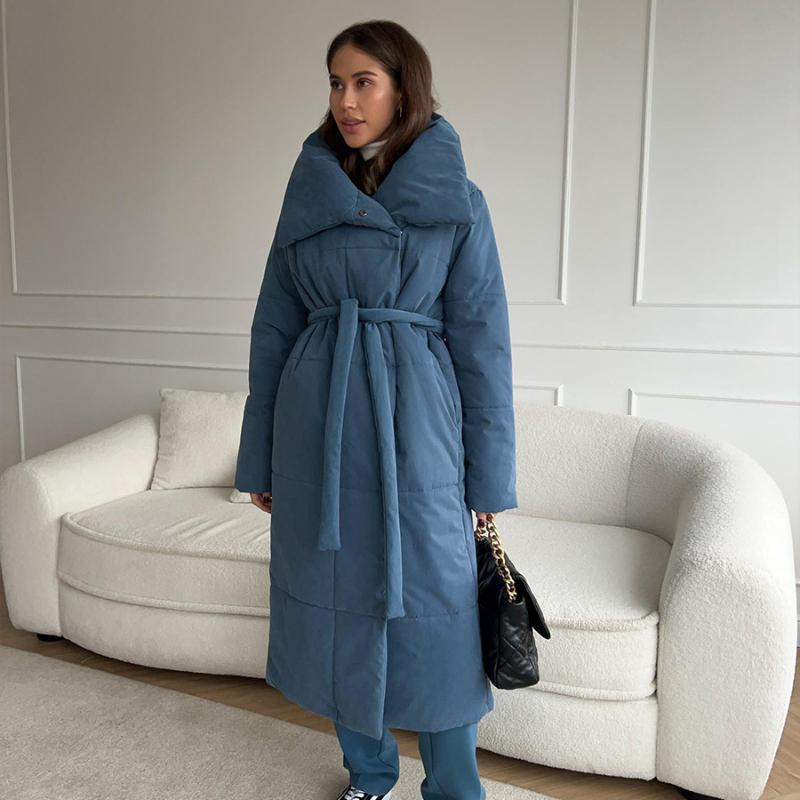Dámské podzimní zimní nadměrné teplé bundy s páskem Módní bundy Volné Jednobarevné Ležérní kabáty Bunda vycpaná bavlnou