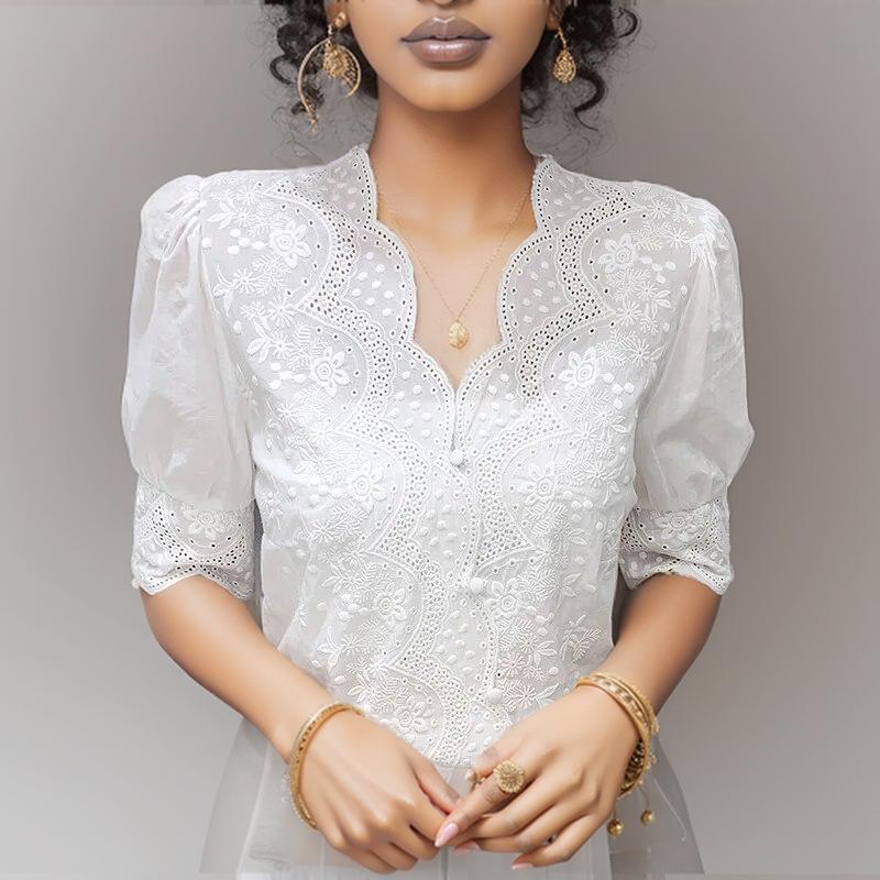 Ricamo Estivo Manica a Sbuffo Lino Cotone Blusa da Donna Primavera Casual Bianco Top Traforati Camicia Manica Corta