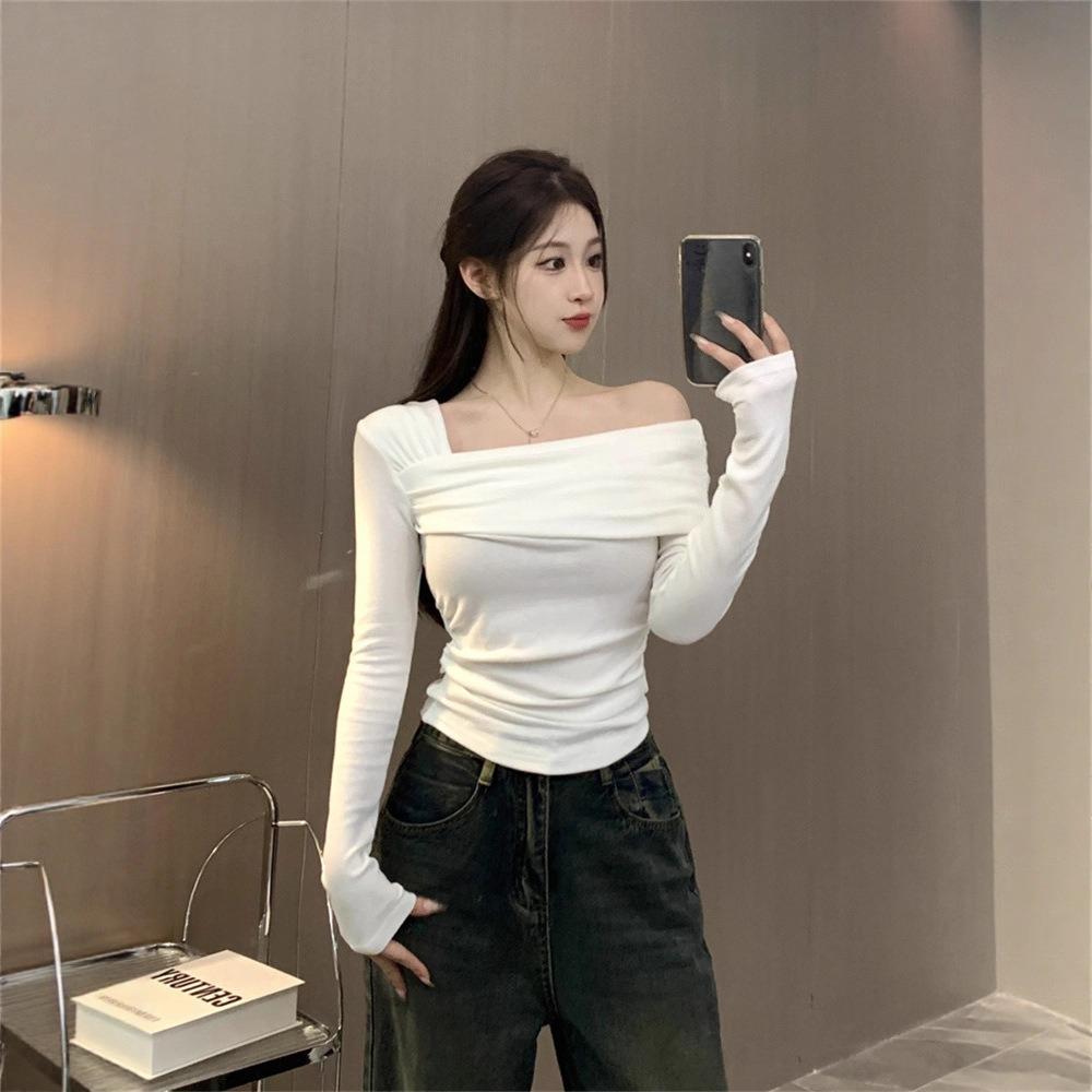 Women's Long Sleeved T-shirt Base Shirt Top Women's Slim Fit Slanted Neck One Shoulder T-shirt
