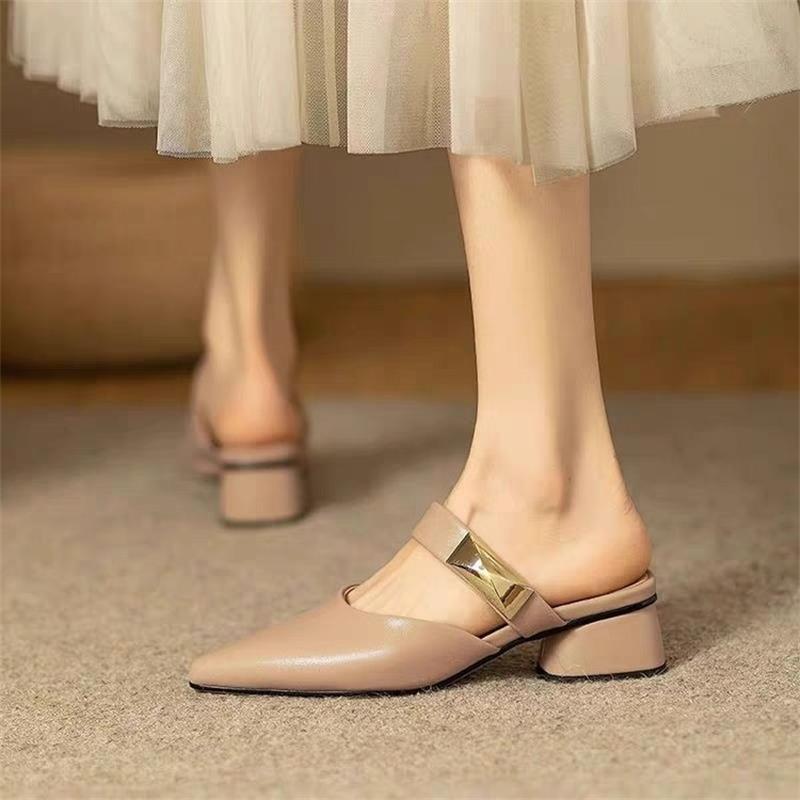 French soft leather bag head half slippers women's summer wear 2025 new Internet celebrity thick heel Mueller shoes middle heel pointed shoes