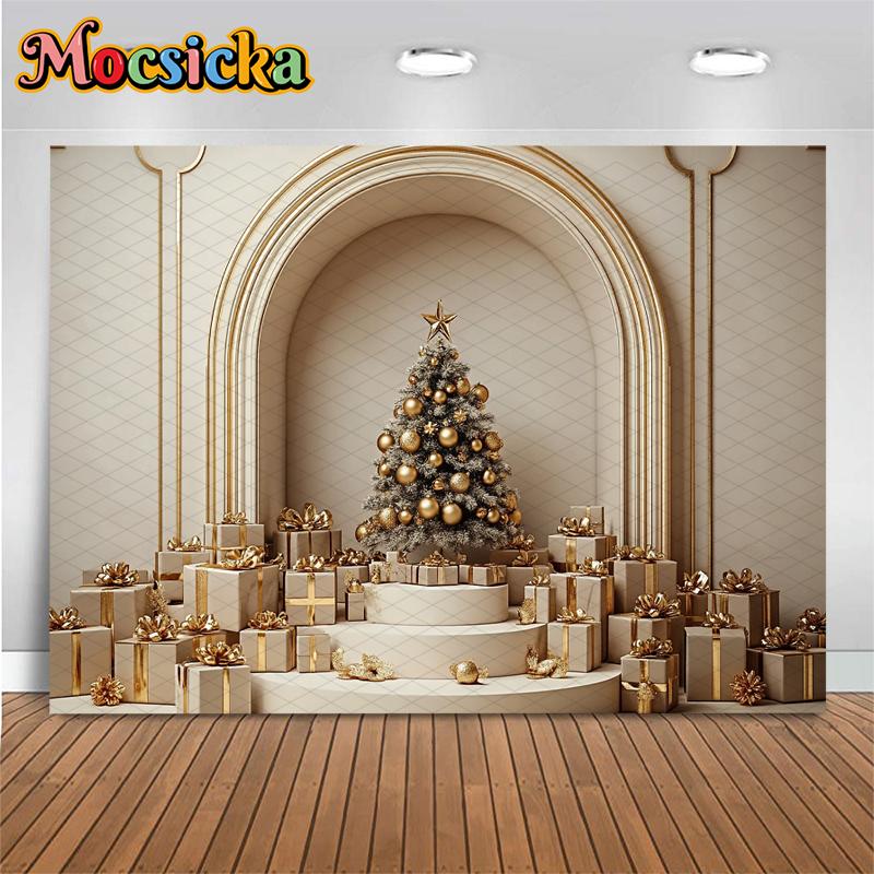 Mocsicka Weihnachtsbaum Kulisse für Fotografie Beige Wand Tür Geschenk Baby Aufnahme Requisiten Dekoration Hintergrund Studio Photocall