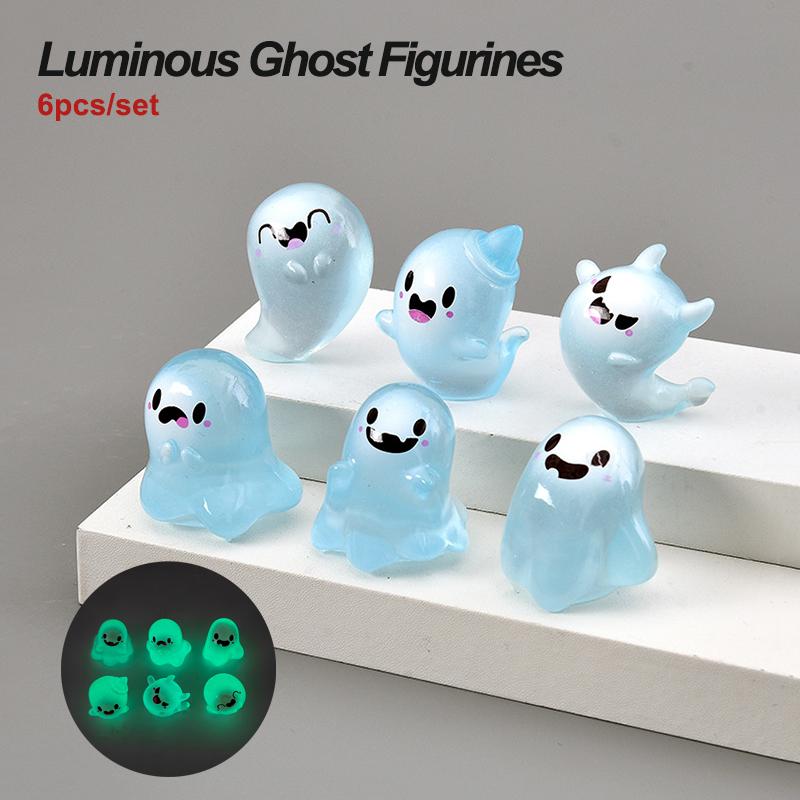 Halloween Luminous Landscape Ornament 6PCS Set Resin Ghost Statue Green Light Glow In Dark Fun Home Car DIY Decoration Gift
