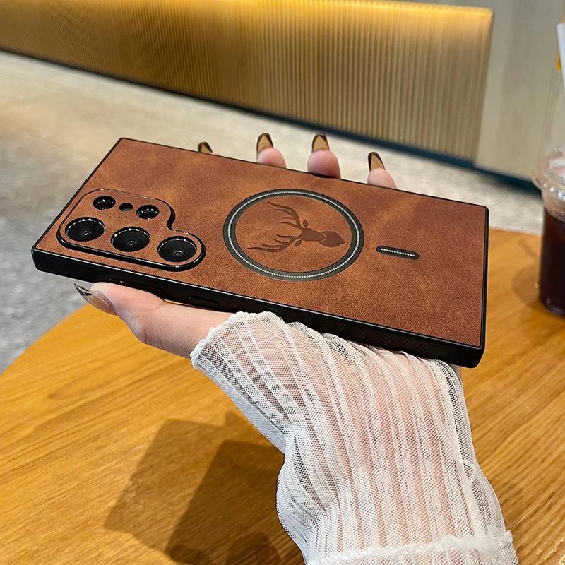 Lux Husă de Telefon din Piele cu Încărcare Wireless Magnetică Pentru Samsung Galaxy S24 S23 S22 S21 Plus Ultra Husă Carcasă Cerb Elk