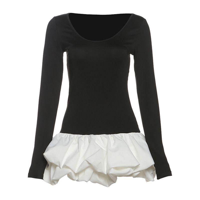 

round Neck Contrasting Long Sleeved Dress round Neck Contrast Color Long Sleeves Dress Black S