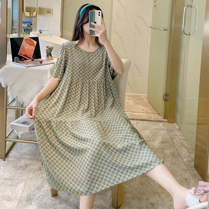 1011 new nightdress full cotton silk three-section short-sleeved long dress home round neck flower cartoon skirt enlarged and loose