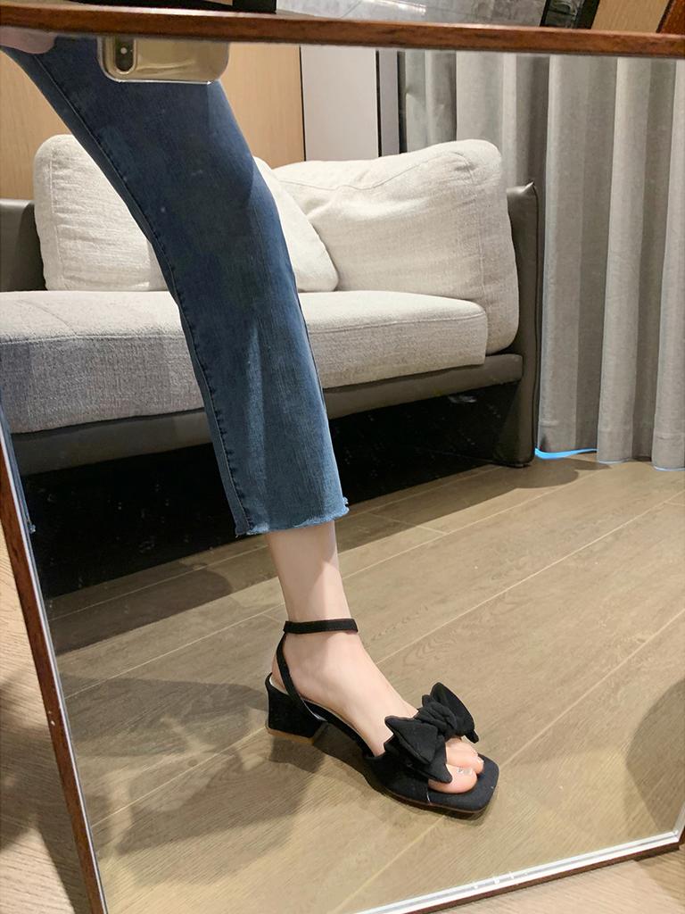 YD- [] Gentle Wind Bow Word with Square Head Short Heel Soft Sole Sandals Women