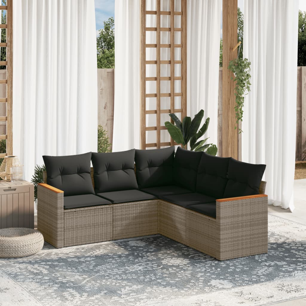 5 Piece Garden Sofa Set with Cushions Gray Poly Rattan