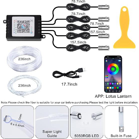 Interior Car LED Lights Wireless APP Control 5 In 1 RGB Ambient Lighting Kit With 236" Fiber Optic, 16 Million Colors Music Sync Waterproof LED Strip