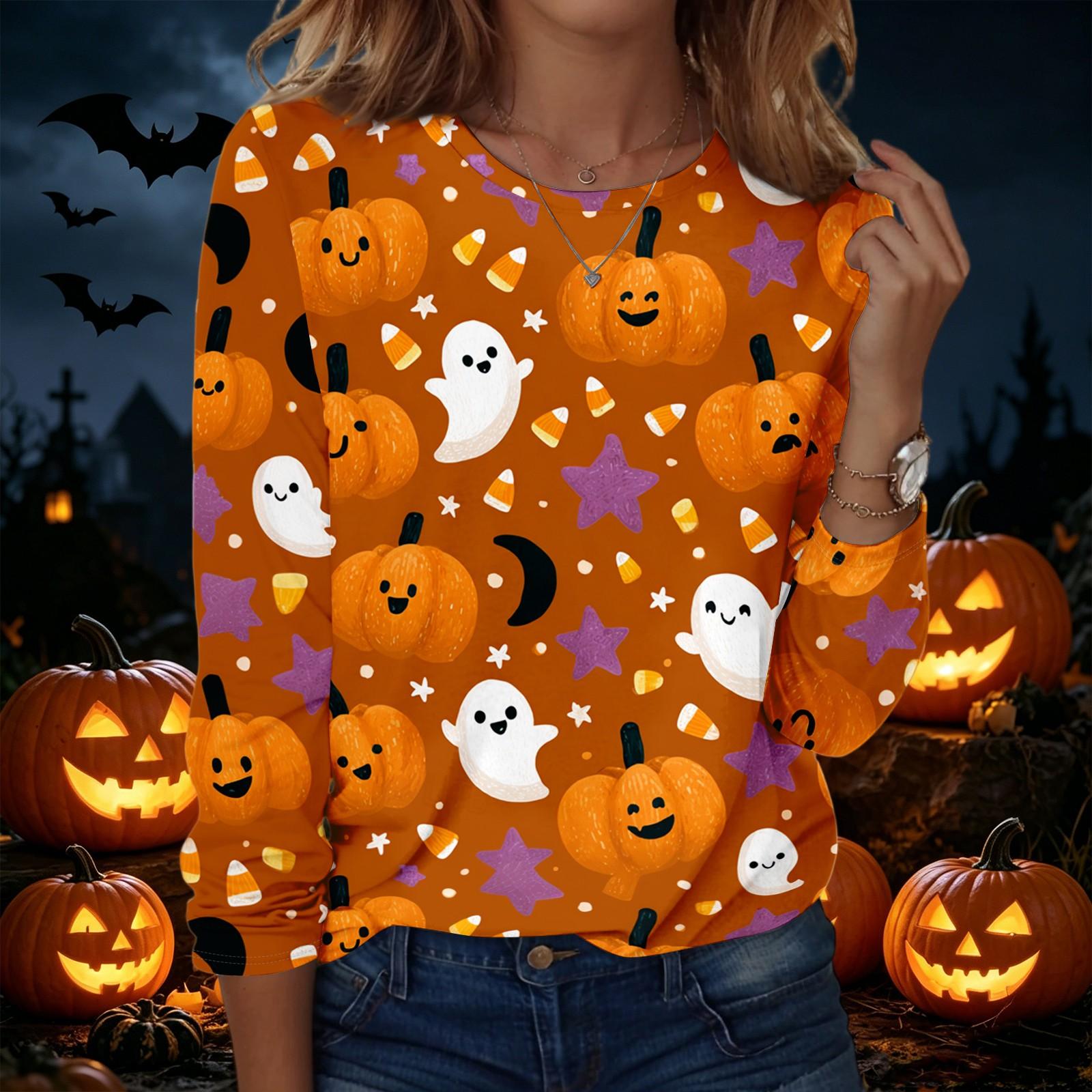 Women s Halloween Print Pullover Sweatshirt Long Sleeve Crewneck Top Casual Loose Fit Lightweight Pullover S