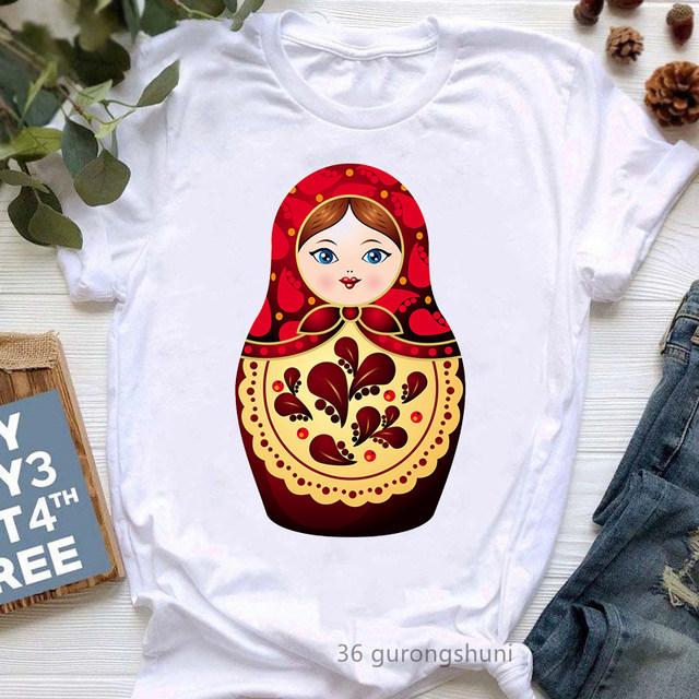 Russian Doll Cartoon Pure Cotton Printed Children's Short Sleeved New Fashion Trend Parent-child Loose Round Neck T-shirt