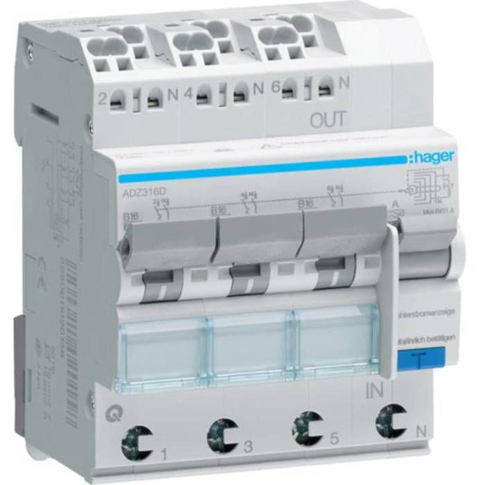 Hager ADZ316D Interrupteur différentiel à courant résiduel triphasé 3 pôles 16 A 0.03 A 230 V