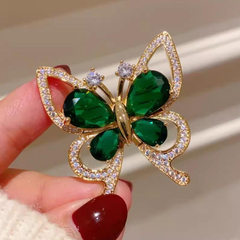 Vintage Green Rhinestone Butterfly Brooches For Women Shiny Corsage Clothing Accessories Gifts