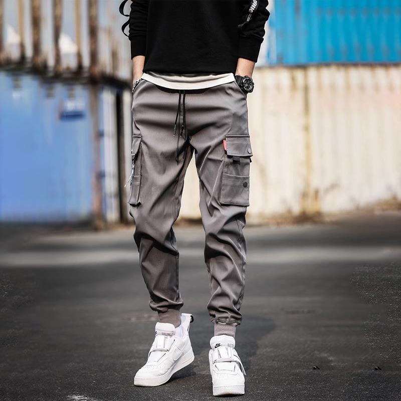 

Autumn and summer overalls men s trendy brand loose tied feet functional wind ruffian handsome thin casual port trousers M серый