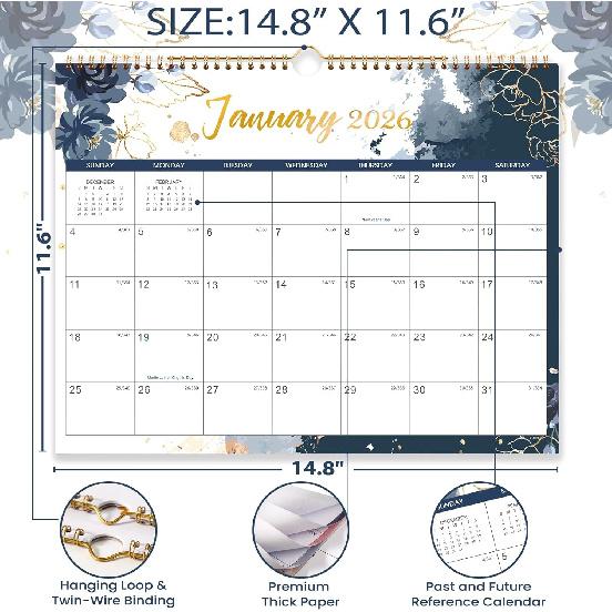 2026 Wall Calendar - 12 Months Calendar from Jan. 2026 - Dec. 2026, 14.8" X 11.6", Large Wall Calendar 2026 for Daily Organizing