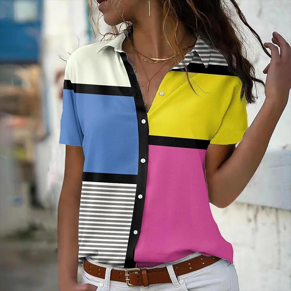 Elegant Women's Short Sleeve Shirts Casual Block Plaid 3D Printed Fashion Turndown Collar Basic Shirts Office Ladies Tops Blouse