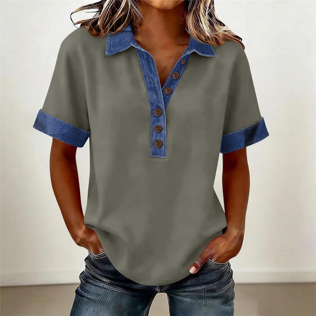 Denim Patchwork Shirts For Women Stand Collar Casual Blouse Short Sleeve Comfy Tshirt Spring Summer Fashion