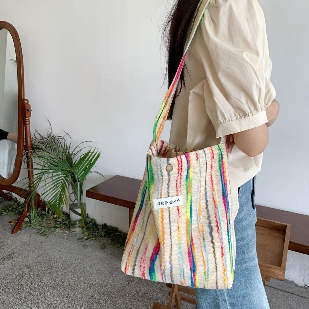 Trendy Street Style Canvas Tote Bag Colorful Stripes Medium Shoulder Bag