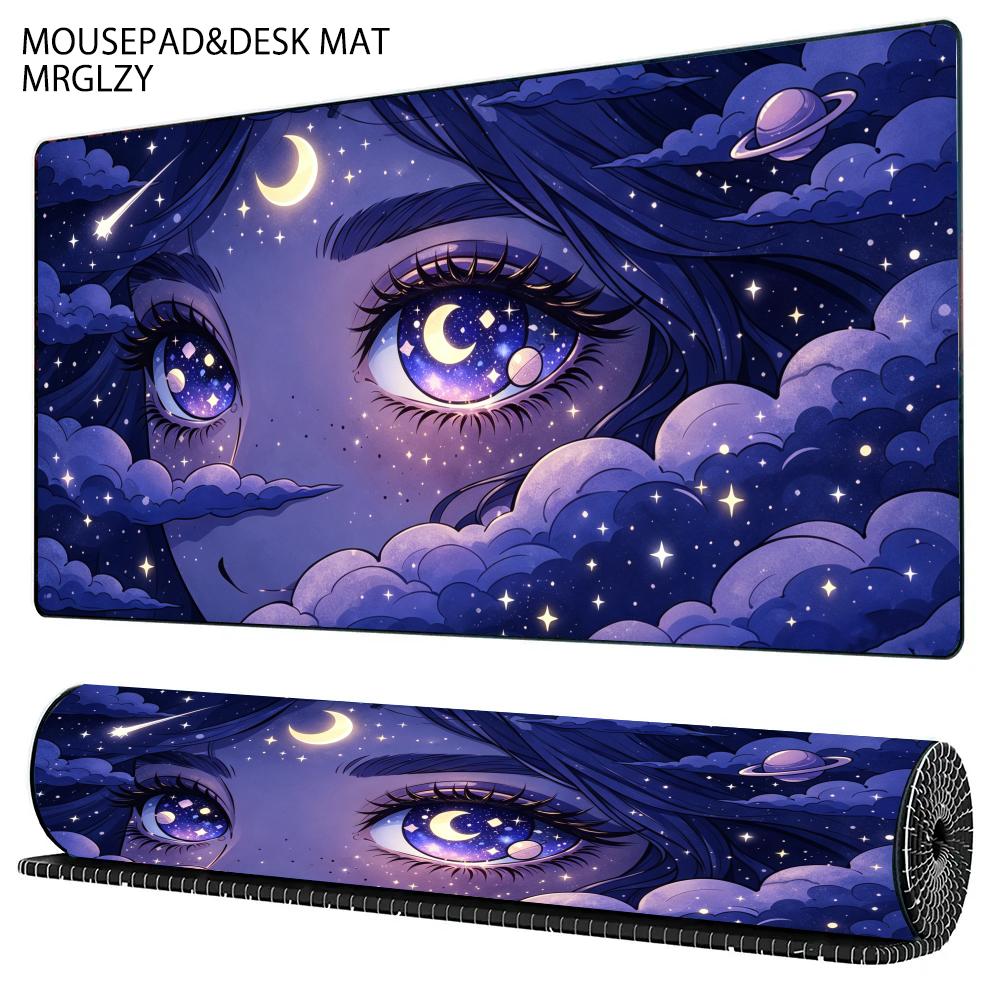 Dreamy Celestial Starry Anime Girl Mouse Pad Purple Night Moon Cloud Large Desk Mat Gaming Non-Slip Rubber Keyboard Decor Mat