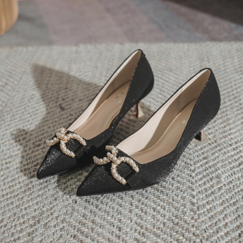 French high heels niche pearl advanced new pointy skinny shoes for women not tired feet suitable for daily commuting