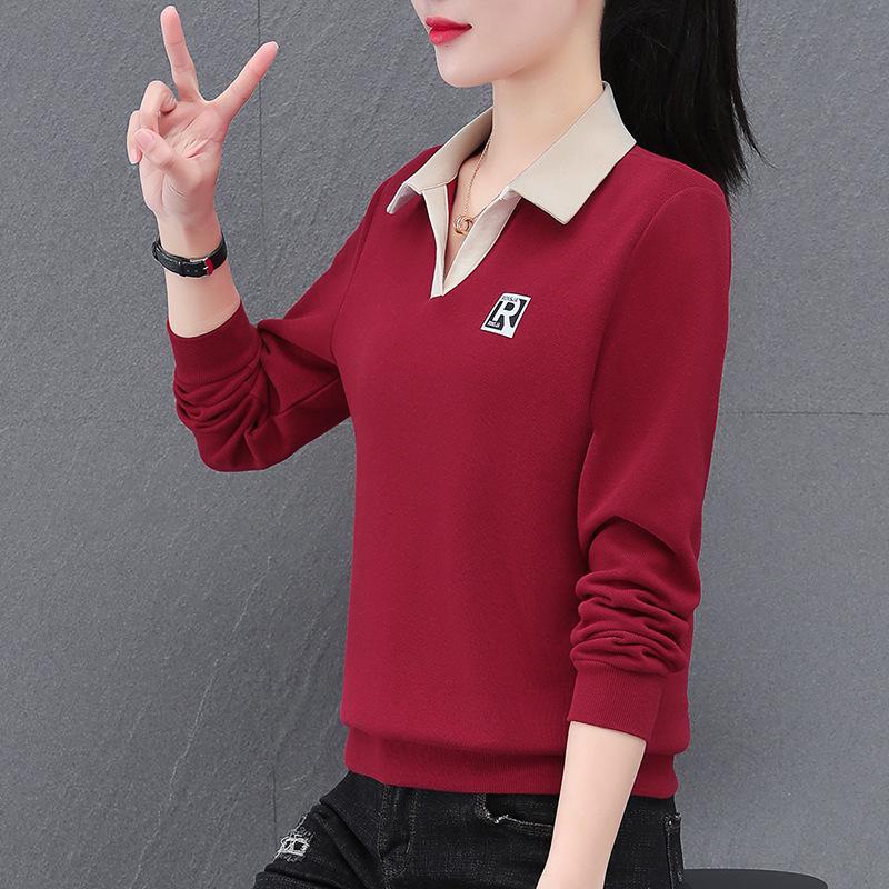 

2024 Модная женская футболка с воротником-поло и длинным рукавом на весну и осень 3XL (135-145 catties) кларет