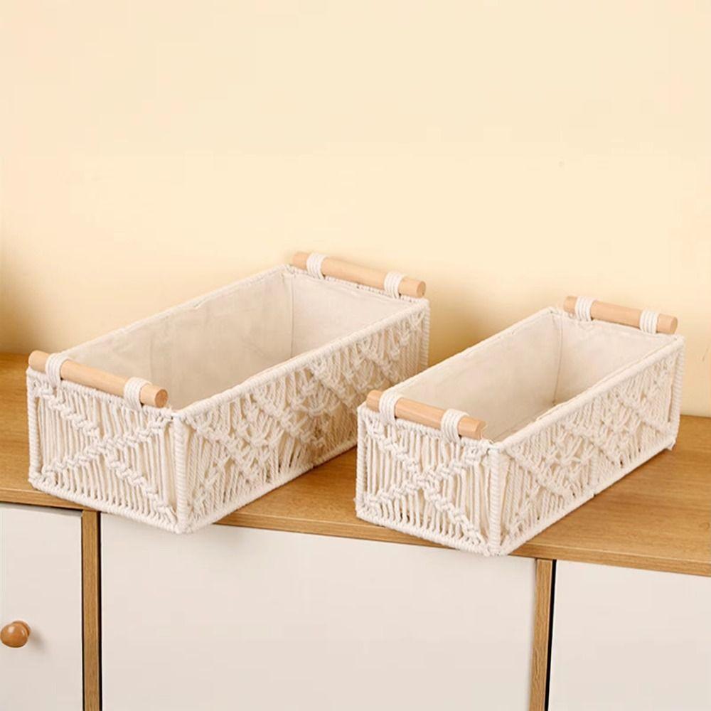 Cotton Rope Hand Woven Storage Box Grid Designed with Handle Toilet Paper Shelf Basket Warm White Boho Decor