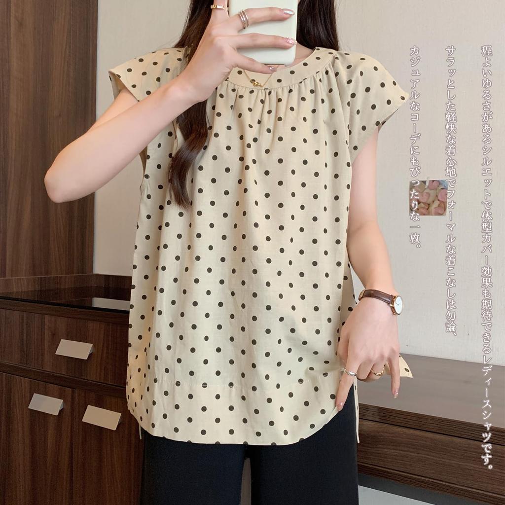 RoyzTocz Short Sleeve Round Neck Blouse with Polka Dots and Summer Plus Women's Slits. Top. Elegant, Size, Fashionable, Casual, Stylish, Slimming,