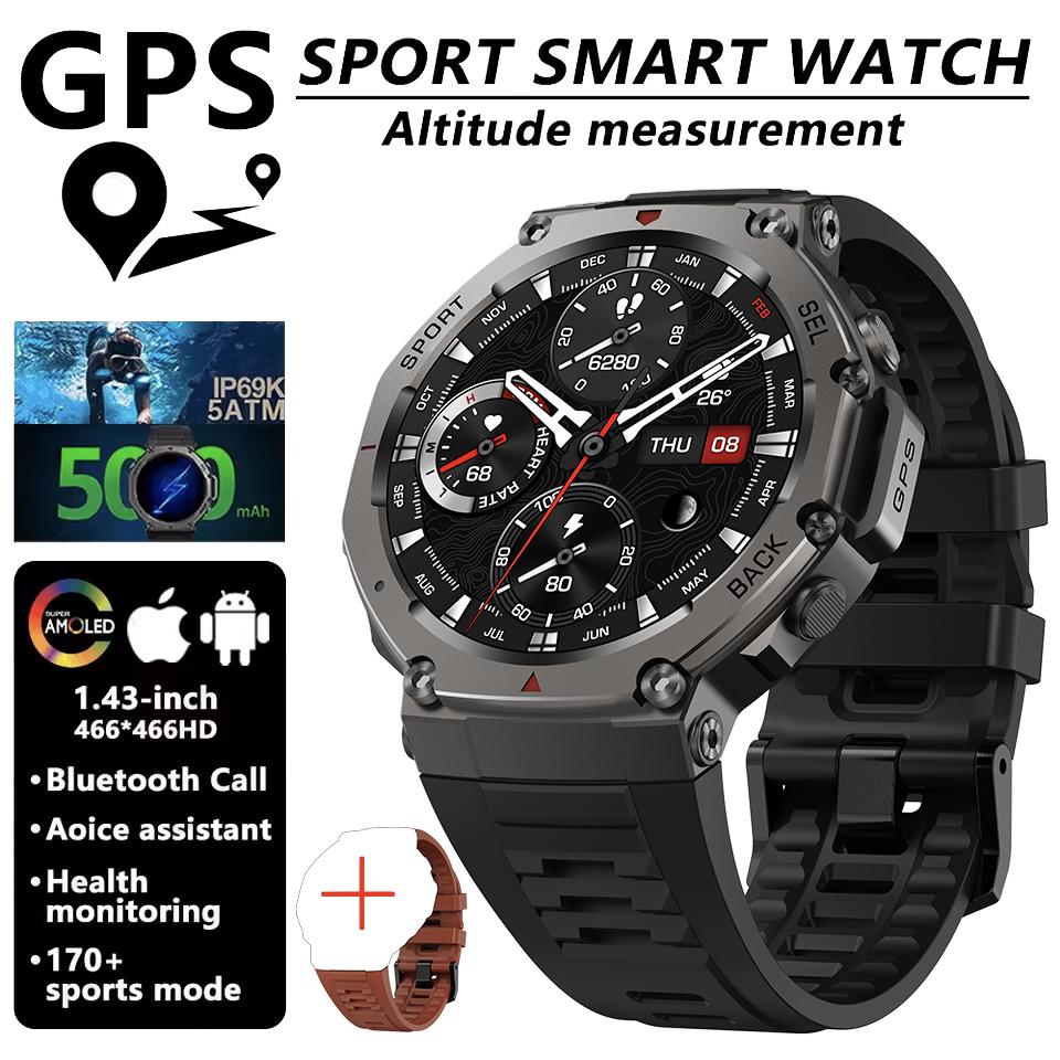 HD Uhren Eingebaute Dual-Band GPS Smartwatch Herren Smartwatch Kompass Höhenmesser Barometrisch 5ATM IP69K Wasserdicht AMOLED