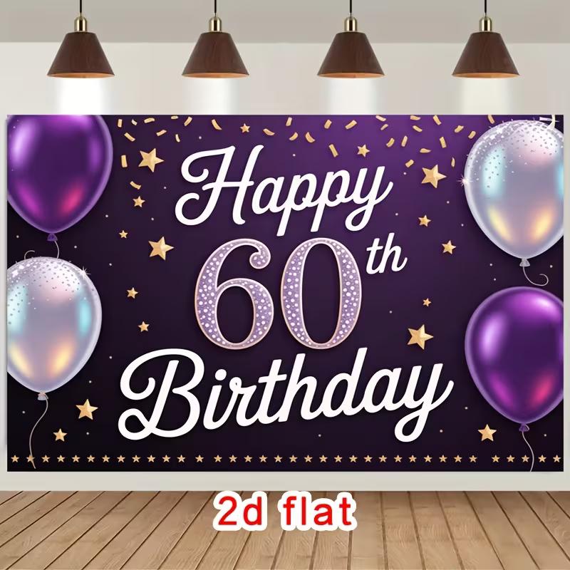 Toile de fond 2D Violet et Or « Joyeux 60e Anniversaire » avec Ballons et Étoiles