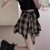 2026 Summer Women's Retro High-Waisted Plaid Skirt with Faux Two-Piece Design