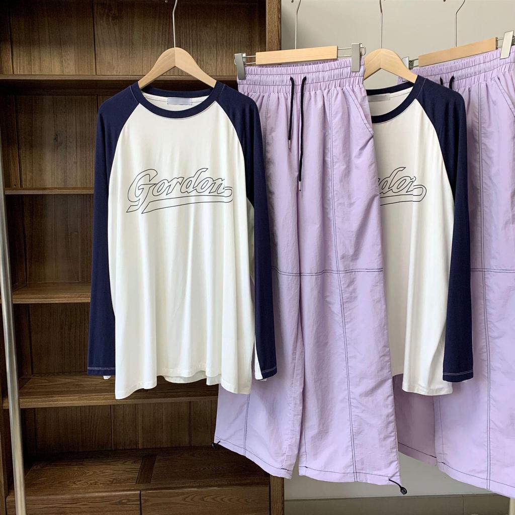 Spring Korean Color Block T-Shirt & Casual Pants Set