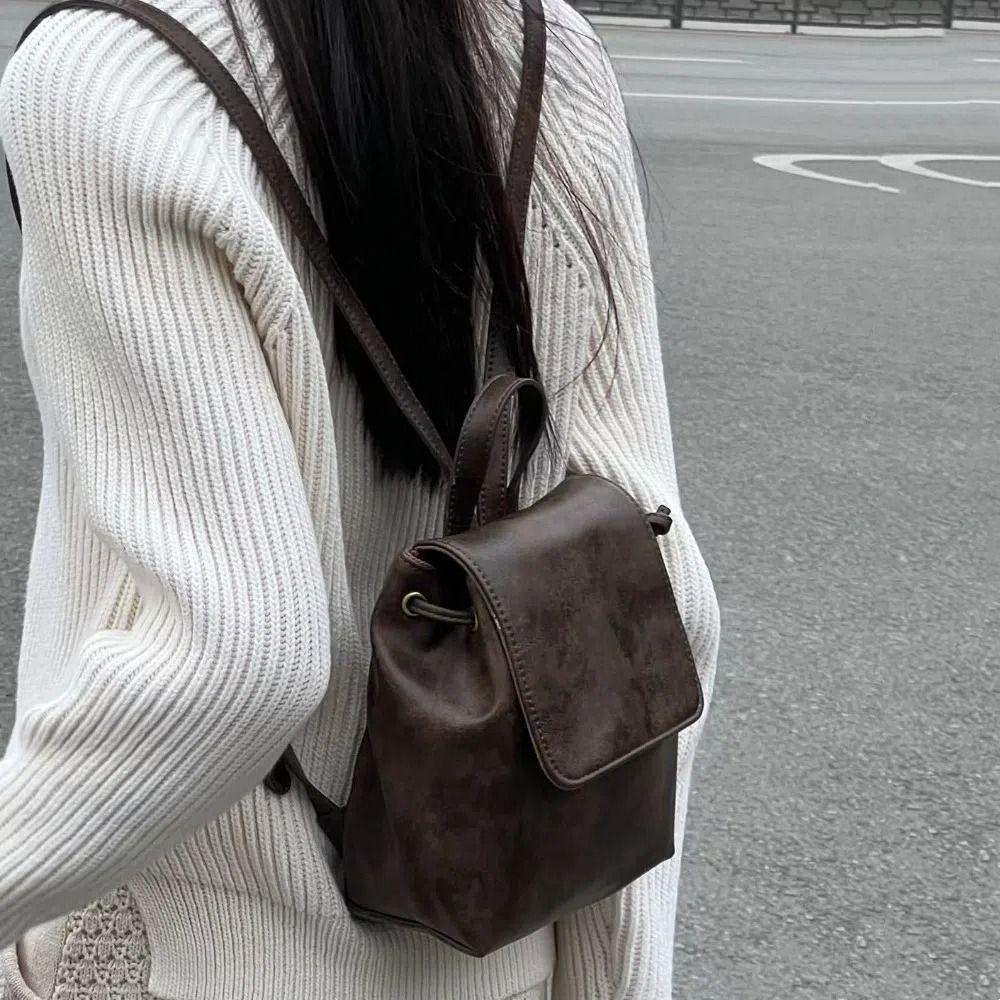 Korean Style School Book Back Solid Color Women Shoulder Bag Drawstring Flap Backpack for Students