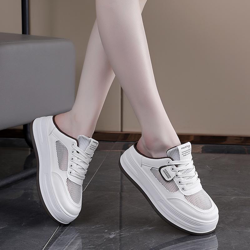 Half bag slippers can be worn outside. White shoes for women, breathable mesh, versatile, thick sole, thin, casual and comfortable women's shoes