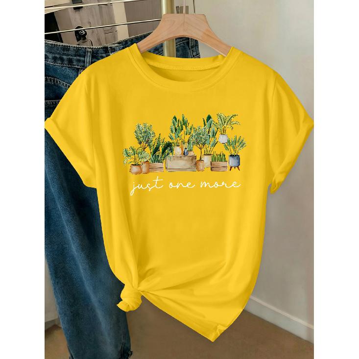 Elegant Women's Clothing with Green Plant and Potted Plant Prints, a High-value Gift, Round Neck, Short-sleeved for Spring, Summer, and Autumn T