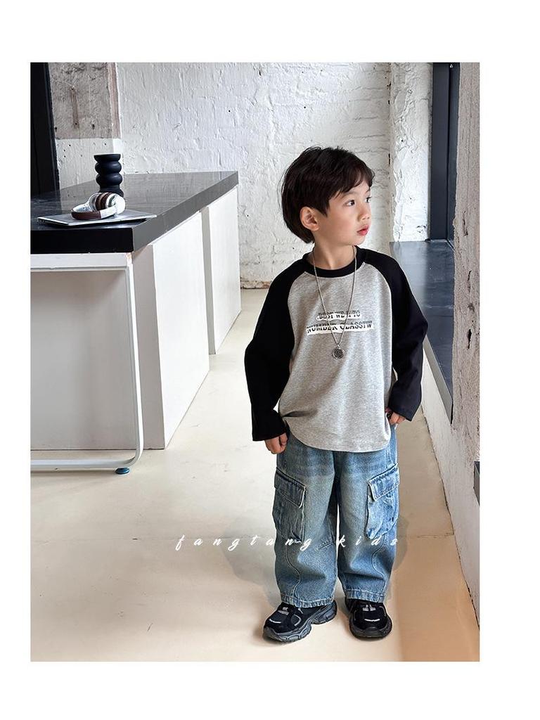 2025 Spring & Autumn Boys' Cargo Jeans: Trendy, Loose-Fit, Casual Long Pants for Kids