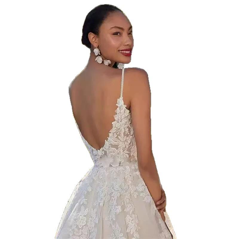 Vestido de noiva com alças altas novo de alta qualidade noiva premium retrô praia ao ar livre casamento decote em V premium cauda curta fio principal