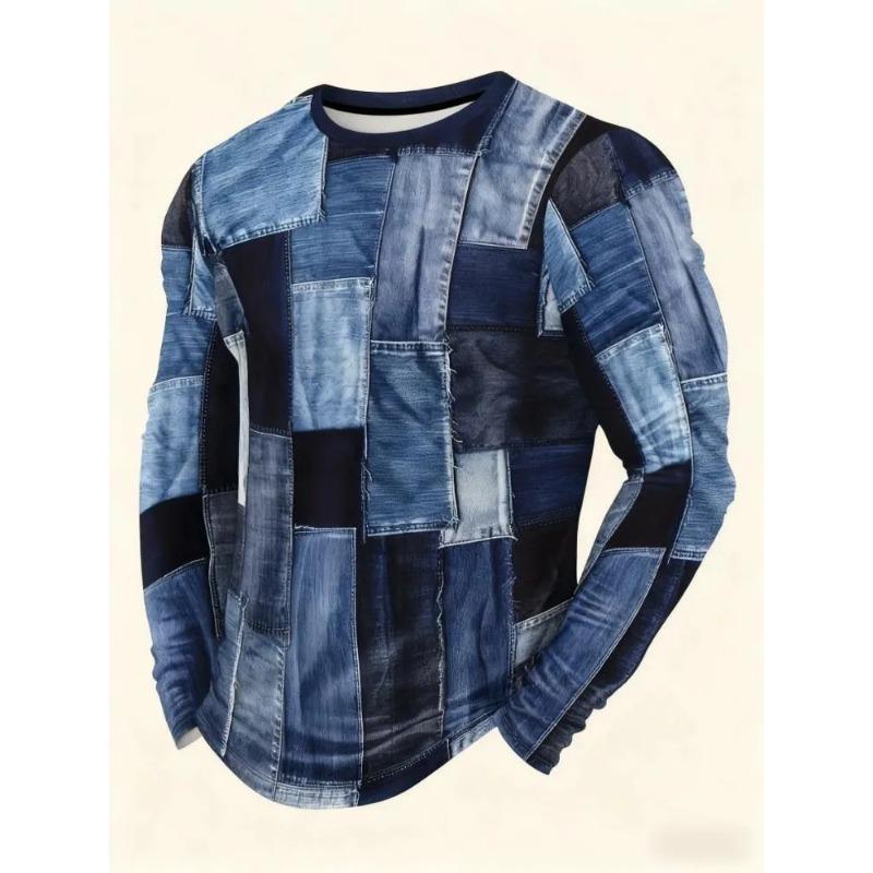 Autumn and Winter Men's Checked 3D Printed Crew Neck Long Sleeve T-Shirt