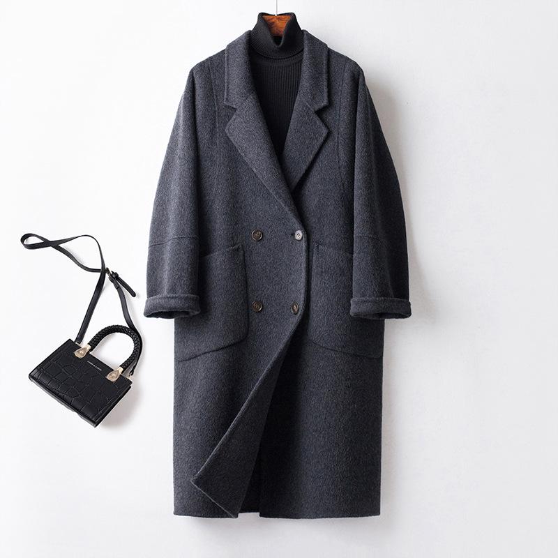 Double-sided Cashmere Hand-sewn Woolen Gray Coat for Women's Autumn and Winter New Loose Medium and Long Thickened Wool Coat