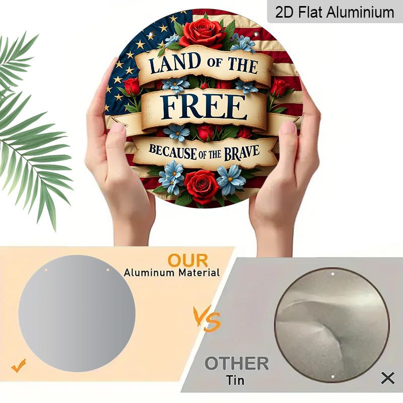 2D Flat, "Land of the Free, Because of the Brave" Patriotic Wreath Flag - Vintage Style Art, 7.87x7.87 Inches Decor for Home, Garden, Bar, Cafe
