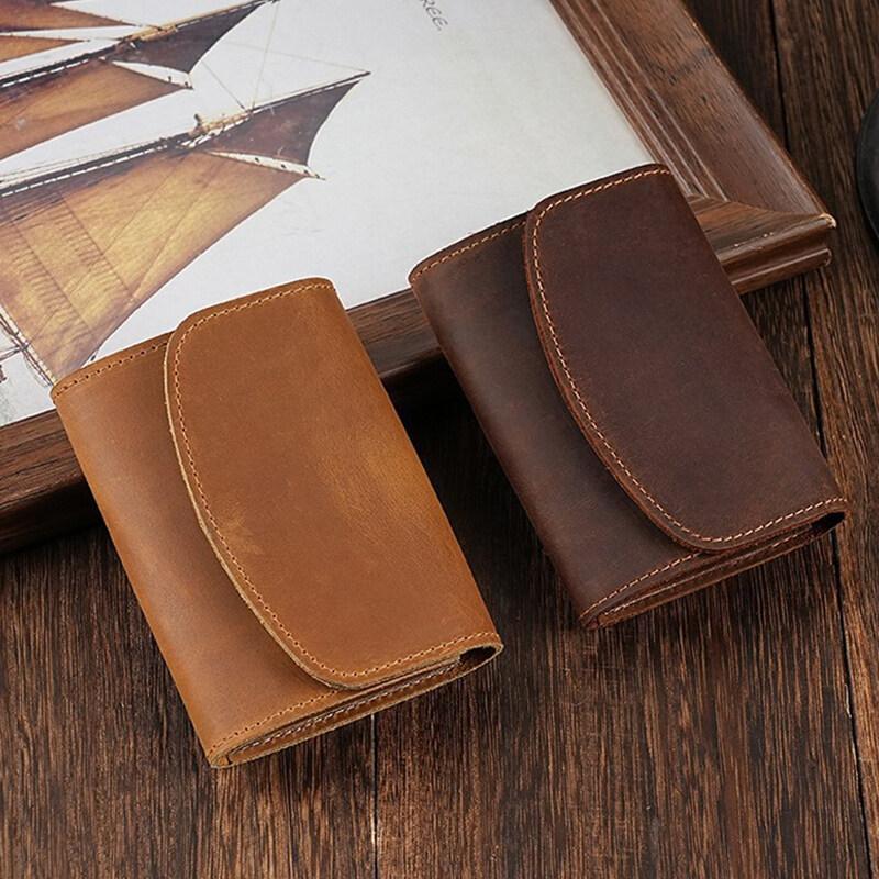 Retro Crazy Horse Leather Small Zipper Pouch Compact Lid Button Coin Key Wallet Pocket Money Bag