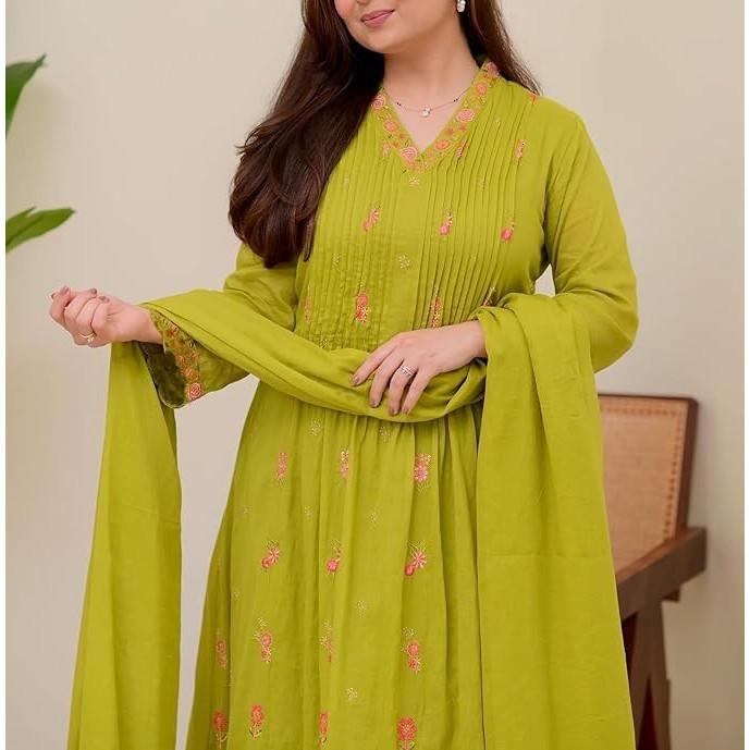 Women Embroidery Anarkali Kurta Pant with Dupatta Indian Bollywood Ethnic Suit