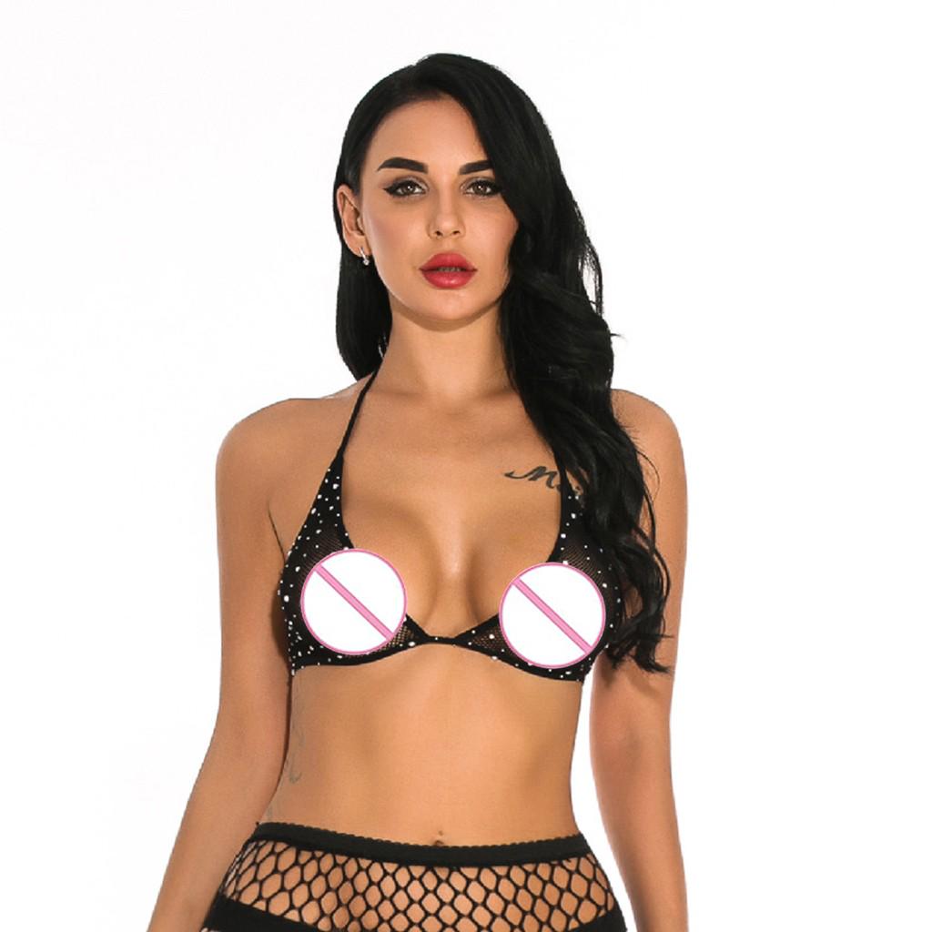 (Great home)Sexy Women Fishnet Lingerie Shiny Diamond Bandage Bra Underwear Sleepwear