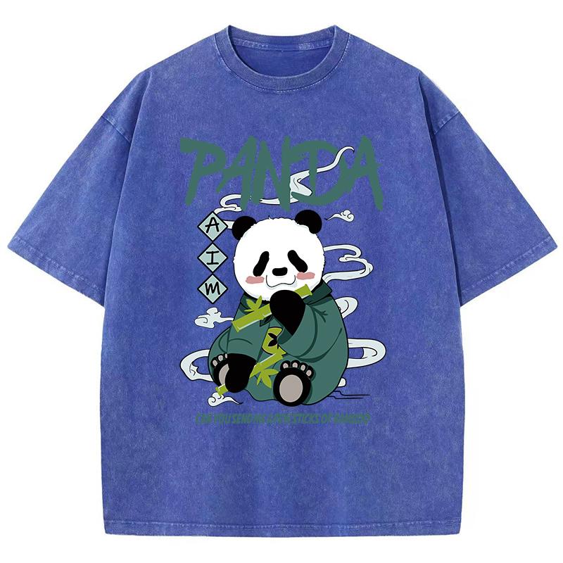 Oversized Women Washed T-Shirts Kawaii Cartoons Panda Printed Tee Shirts Distressed Crewneck Cotton Tees Clothes